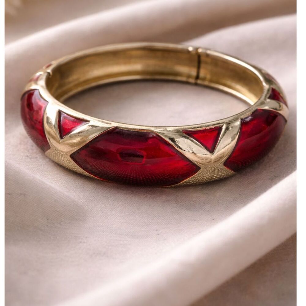 Vintage 1980s Red Glass Panel Hinged Bangle Bracelet Gold Tone Chunky Statement
